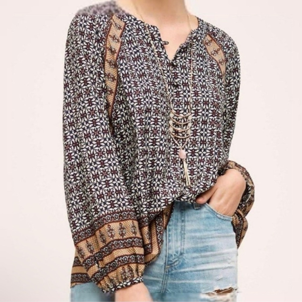 Tylho Anthropology Bohemian Aubina Peasant Print Blouse size Med